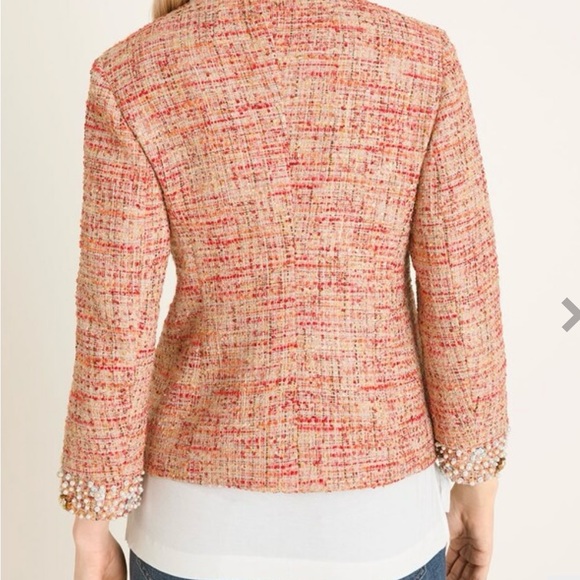 Chico’s 2 Embellished Coral Tweed Jacket Pearls and Beads - Picture 4 of 6